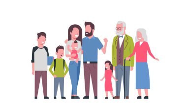 dedesi ebeveynler çocuk torun, çoklu nesil aile, beyaz arka plan, mutlu aile birlikte kavramı, cins düz çizgi film ağacının tam uzunlukta avatar
