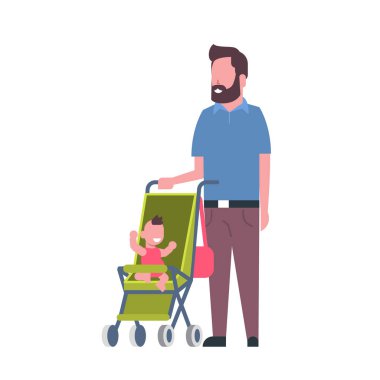 Bebek oğlum bebek arabası tam uzunlukta avatar beyaz arka plan, başarılı Aile kavramı, düz çizgi film baba sakal