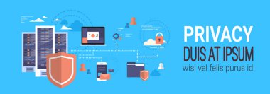 Mavi arka plan ağ koruması kişisel depolama genel veri koruma yönetmeliği kavramı afiş kopya alanı üzerine Gdpr izometrik Infographic veri gizliliği