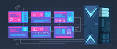 hosting sunucuları Infographic, ağ ve veritabanı, internet Merkezi, iletişimin, düz tasarım, afiş ile veri koruma bilgi işlem merkezi