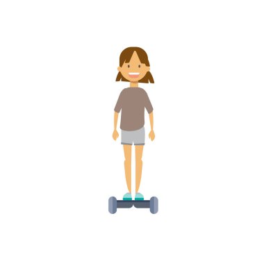 Genç kız sürme elektro scooter beyaz arka plan üzerinde. tam uzunlukta karakter karikatür. düz stil