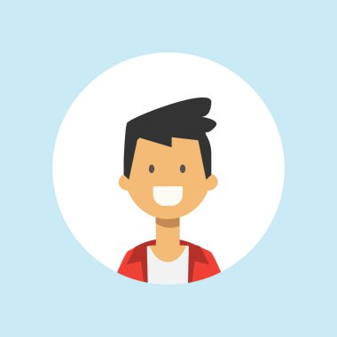 sevimli genç adam yüz mutlu çocuk portre üzerinde mavi arka plan, Erkek avatar düz