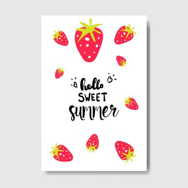 tatlı yaz çilek rozet izole tipografik tasarım etiketi. Logo, şablonlar, davet için yazı, tebrik kartı, baskılar ve posterler sezon tatil.