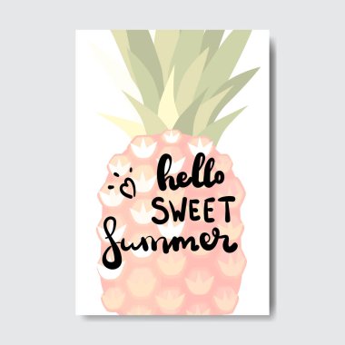 Merhaba yaz ananas rozet izole tipografik tasarım etiketi. Logo, şablonlar, davet için yazı, tebrik kartı, baskılar ve posterler sezon tatil.