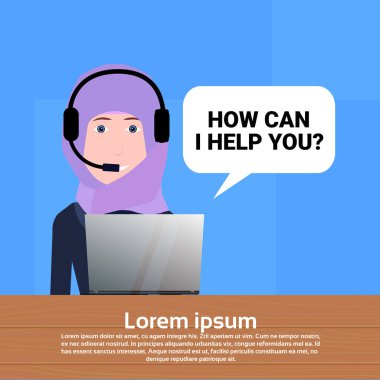 Arap çağrı merkezi kulaklık Ajan kadın kabarcık istemci desteği operatör, müşteri ve teknik servisi simgesini, sohbet kavramı, kopya alanı düz tasarım