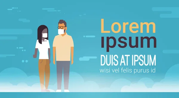 Mezcla raza hombre mujer en máscara sobre la naturaleza contaminación del aire ciudad paisaje atmósfera varón mujer sobre fondo azul, longitud completa, espacio de copia plana — Archivo Imágenes Vectoriales