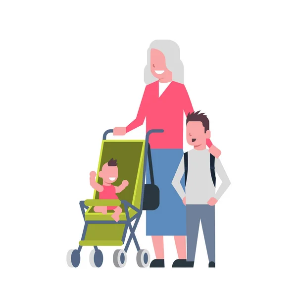 Oma met kleinkinderen van de baby in de kinderwagen, multi generatie familie, volledige lengte avatar op witte achtergrond, succesvolle familie concept, boom van geslacht platte cartoon design — Stockvector