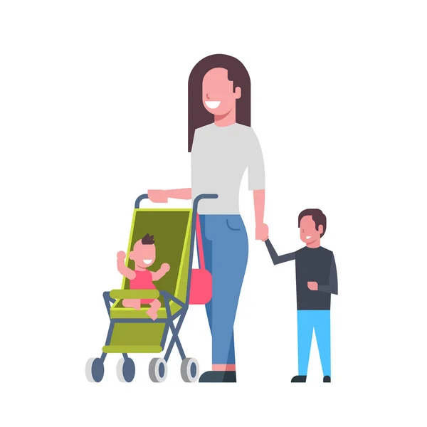 Moeder met nieuwe kinderen van de geboren baby in kinderwagen volledige lengte avatar op witte achtergrond, succesvolle familie concept, platte cartoon design — Stockvector