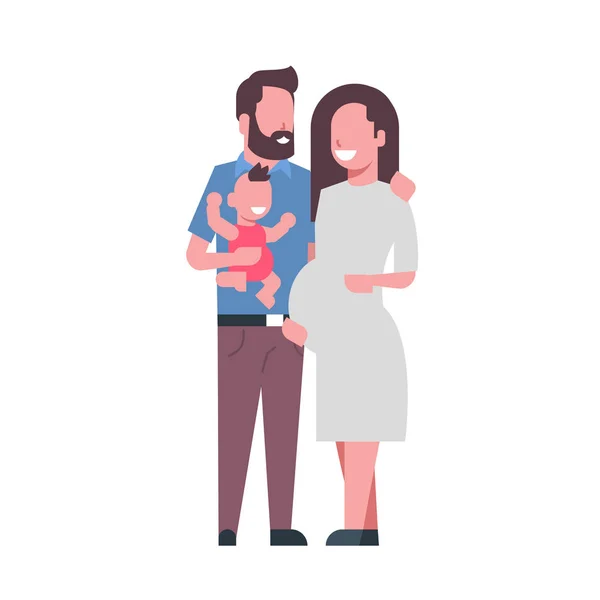 Mère enceinte père tenir bébé fils avatar pleine longueur sur fond blanc, concept de famille réussie, dessin animé plat — Image vectorielle