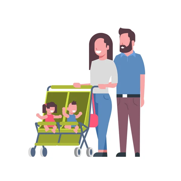 Padre madre bambino gemelli doppio passeggino full length avatar su sfondo bianco, concetto di famiglia di successo, cartone animato piatto — Vettoriale Stock