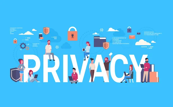 业务团队通过 Gdpr 等距图表数据隐私背景。个人存储的网络保护一般数据保护规则概念 — 图库矢量图片