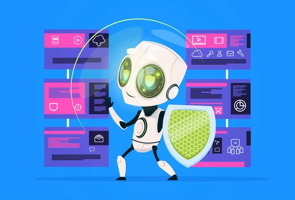 Robô mantenha o centro de computação de privacidade de dados escudo com servidores de hospedagem infográfico, rede e banco de dados, Inteligência Artificial, suporte de comunicação, design plano —  Vetores de Stock