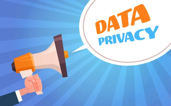 Ludzkie ręce megafon bubble prywatności danych ogólnego rozporządzenia o ochronie danych. Warunki korzystania z usługi. Schowek z Gdpr kopiować przestrzeń płaska — Wektor stockowy
