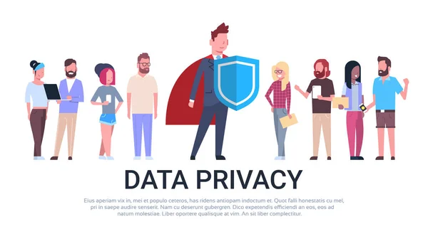 Hombre escudo mezcla raza equipo GDPR privacidad de datos en fondo blanco protección de la red de almacenamiento personal general de protección de datos Reglamento concepto banner espacio de copia — Vector de stock