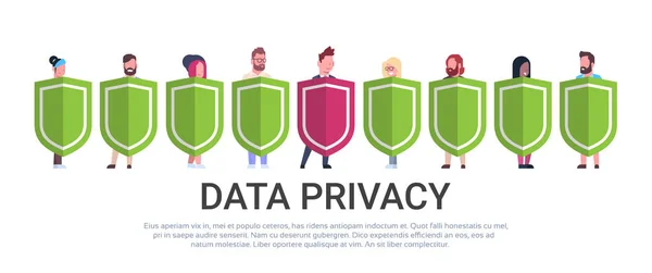 商业人举行盾混合比赛队 Gdpr 数据隐私对个人存储的白色背景网络保护一般数据保护规则概念横幅复制空间 — 图库矢量图片
