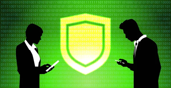 Geschäftsleute Silhouetten arbeiten virtuelle Schild Panel gdpr Datenschutz Hintergrund. Netzwerkschutz der persönlichen Speicherung Allgemeines Datenschutzregulierungskonzept — Stockvektor
