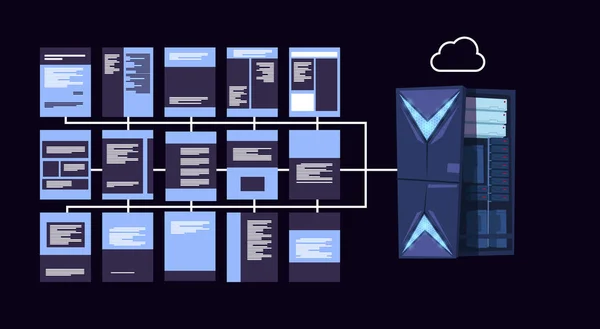 Centro de servidores en la nube de protección de datos con infografía de alojamiento, red y base de datos, centro de Internet, soporte de comunicación, diseño plano — Vector de stock