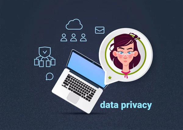 Burbujas de mujer de chat portátil, centro de informática de privacidad de datos con infografía, red y base de datos, centro de Internet, soporte de comunicación plano — Vector de stock