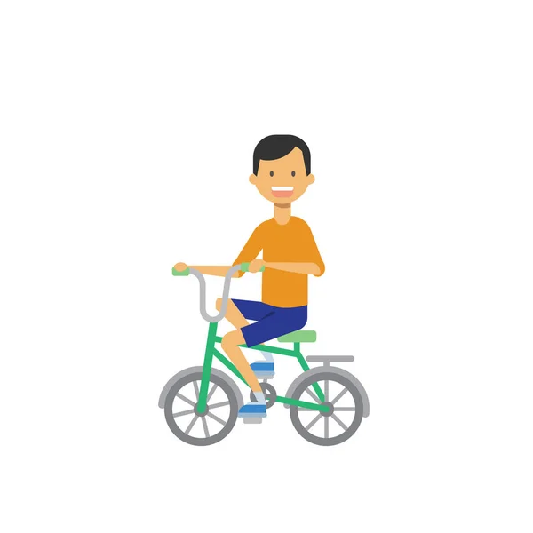 Giovane ragazzo in bicicletta su sfondo bianco. personaggio dei cartoni animati. lunghezza intera, stile piatto — Vettoriale Stock