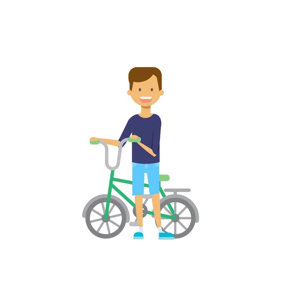 Jovem menino segurar bicicleta no fundo branco. Personagem de desenhos animados. ilustração vetorial de estilo plano de comprimento total —  Vetores de Stock