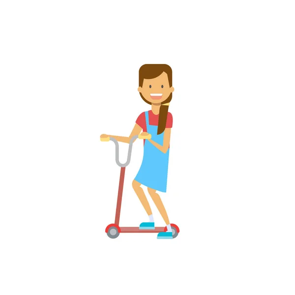 Giovane ragazza a cavallo calcio scooter su sfondo bianco. cartone animato personaggio a figura intera. stile piatto — Vettoriale Stock