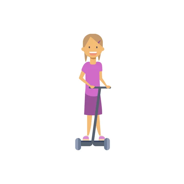 Giovane ragazza cavalcare calcio electro scooter su sfondo bianco. cartone animato personaggio a figura intera. stile piatto — Vettoriale Stock