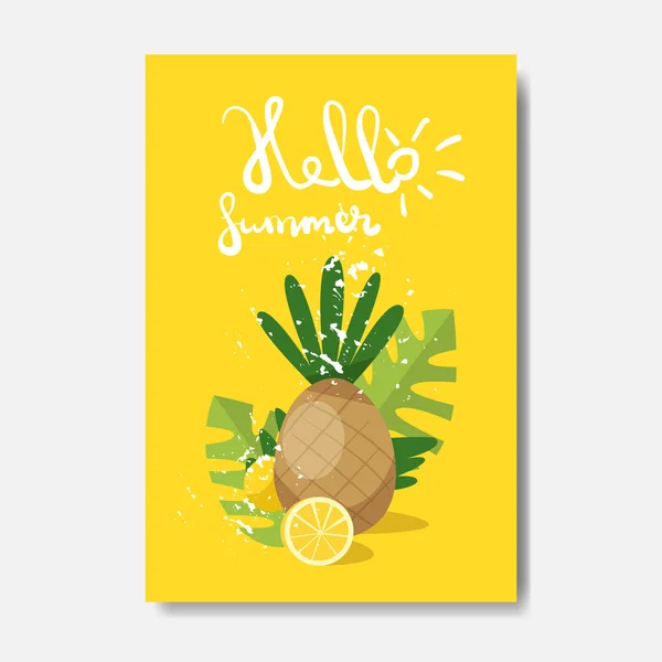 Hallo Sommer Ananasabzeichen isoliert typografisches Design-Etikett. Weihnachtsbuchstaben für Logo, Vorlagen, Einladung, Grußkarte, Drucke und Poster. — Stockvektor