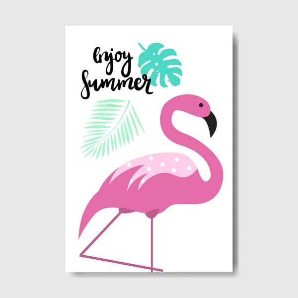 Cieszyć się latem flamingo odznaka na białym tle etykietę projektowania typograficznego. Season Holidays napis na logo, szablony, zaproszenie, Powitanie Karta, wydruki i plakaty. — Wektor stockowy
