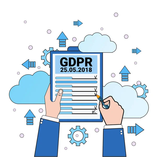 Data safety cloud shield hands hold checklist over synchronization General Data Protection Regulation GDPR server security guard over white background flat — Stock Vector