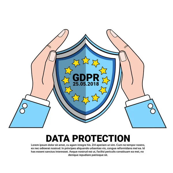 Escudo de seguridad de datos protege las palmas sobre el Reglamento General de Protección de Datos guardia de seguridad del servidor GDPR en el espacio de copia de fondo blanco plana — Vector de stock