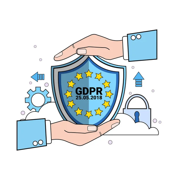 Protector de candado de seguridad de datos protege las palmas sobre la sincronización Reglamento general de protección de datos Protector de seguridad del servidor GDPR sobre fondo blanco copiar espacio plano — Archivo Imágenes Vectoriales