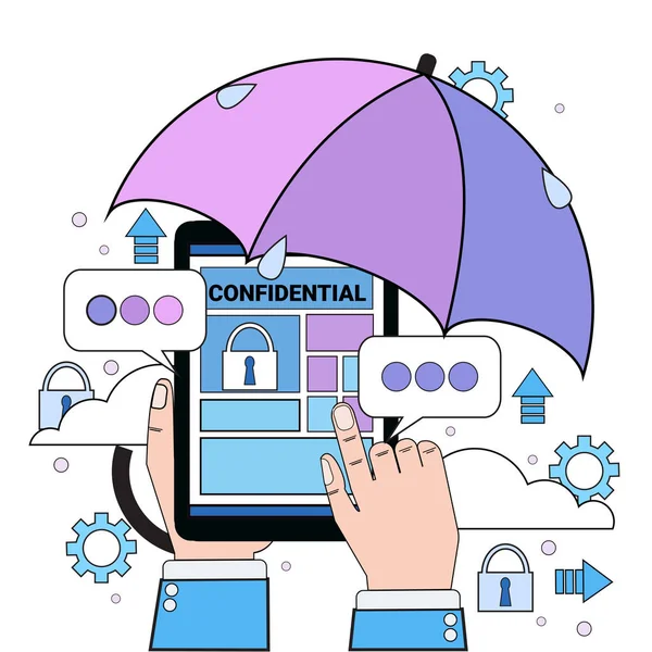 Data säkerhet moln hand hålla tablett hänglås paraply över synkronisering allmänna Data Protection förordning BNPR server säkerhetsvakt på vit bakgrund platt — Stock vektor