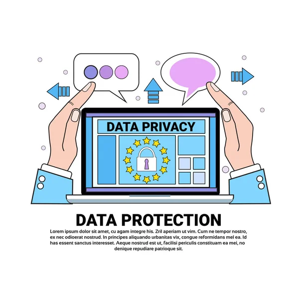 Segurança de dados nuvem escudo laptop protege palmas sobre sincronização Regulamento Geral de Proteção de Dados GDPR server security guard on white background flat — Vetor de Stock