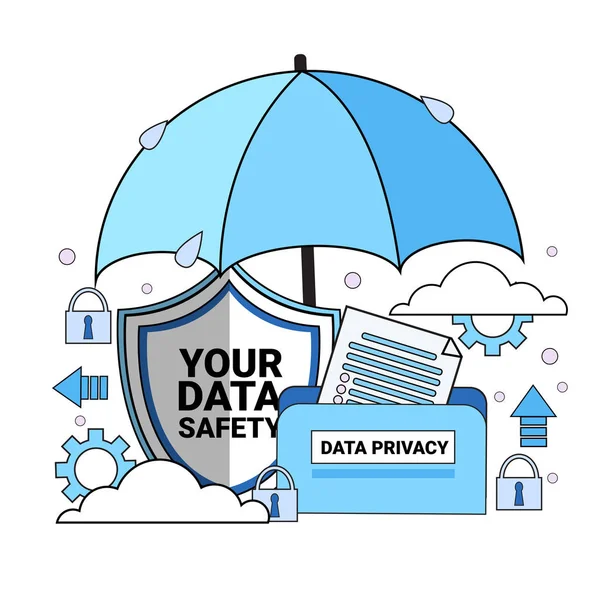 Protección de datos nube carpeta papel paraguas sobre sincronización Reglamento general de protección de datos GDPR servidor guardia de seguridad sobre fondo blanco plana vector ilustración — Vector de stock