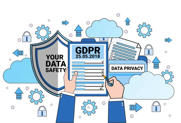 Δεδομένα ασφάλειας cloud ασπίδα χέρια κρατήστε ελέγχου πάνω από φρουρά ασφαλείας διακομιστή γενικές ΑΕγχΠΠ κανονισμός προστασίας δεδομένων συγχρονισμού σε λευκό φόντο επίπεδη — Διανυσματικό Αρχείο