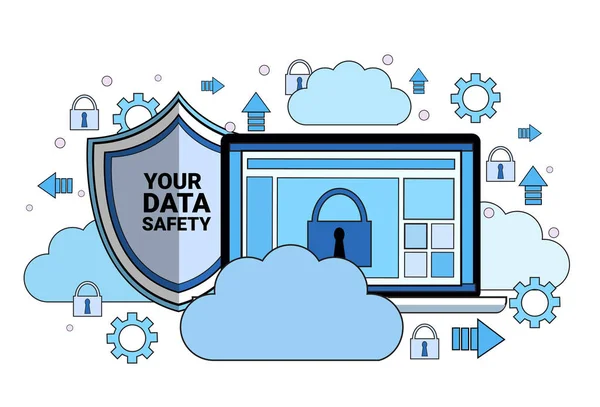 Datensicherheit Cloud Shield Tablet Vorhängeschloss über Synchronisation Allgemeine Datenschutzverordnung gdpr server security guard auf weißem Hintergrund flach — Stockvektor