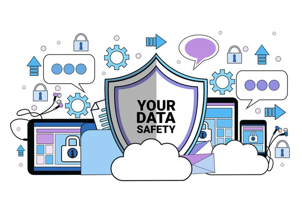 Data safety cloud shield tablet padlock over synchronization General Data Protection Regulation GDPR server security guard on white background flat — Stock Vector