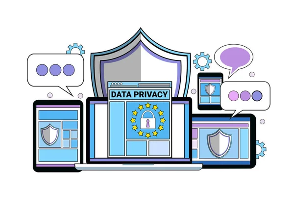 डेटा सुरक्षा क्लाउड शील्ड टैबलेट पैडलॉक सिंक्रनाइज़ेशन पर सामान्य डेटा संरक्षण विनियमन GDPR सर्वर सुरक्षा गार्ड सफेद पृष्ठभूमि फ्लैट पर — स्टॉक वेक्टर