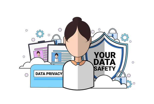 Data safety shield support agent frau portrait over synchronisation allgemeine datenschutzverordnung gdpr server security guard auf weißem hintergrund flach — Stockvektor