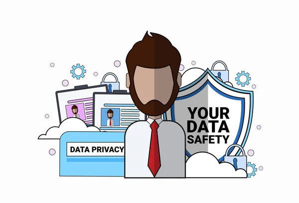 Keamanan data perisai dukungan gambar agen pria atas sinkronisasi Peraturan Perlindungan Data Umum GDPR penjaga keamanan server dengan latar belakang datar putih - Stok Vektor