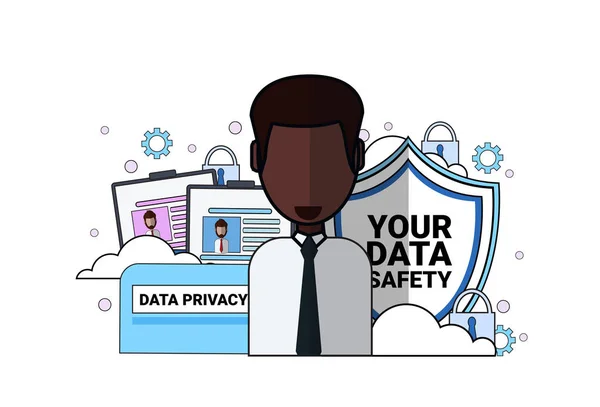 Údaje bezpečnostní štít podporu agenta africkými muže portrét nad synchronizace obecná Data ochrany nařízení Gdpr server security Guarda na bílém pozadí plochý — Stockový vektor