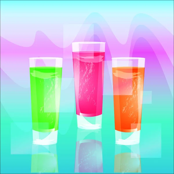 Стаканы красочных напитков с кубиками льда, набор летних тропических коктейлей, изолированных на разноцветном фоне — стоковый вектор