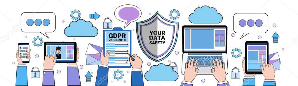 data safety cloud shield tablet padlock over synchronization General Data Protection Regulation GDPR server security guard on white background banner flat