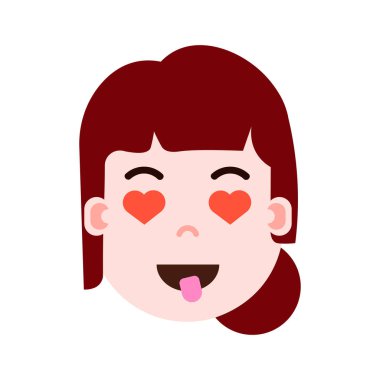kız baş emoji şahsiyet simgesiyle yüz duygular, avatar karakter, göz yüz farklı kadın duygular konsepti ile kadın kalbinde. düz tasarım.