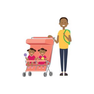 Afrika baba sakal küçük kardeş kardeşi ikiz çift arabası tam uzunlukta avatar beyaz arka plan, başarılı Aile kavramı, düz çizgi film