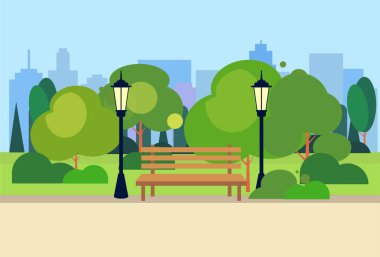 Kentsel park ahşap Bank sokak lambası yeşil çim ağaçta şehir binaları şablon arka plan düz