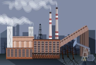 Fabrika Binası doğa kirliliği bitki boru atık. bir petrol sondaj silüeti. düz