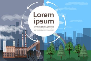Fabrika Binası doğa kirliliği bitki boru atık çevre iki yan sıklığı küresel ısınma yasadışı kirliliği daire kopya alanı düz vektör çizim comparisonside doğa