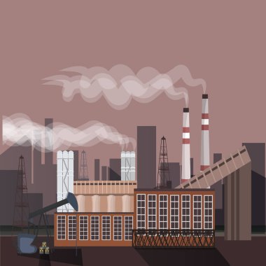 Fabrika Binası doğa kirliliği bitki boru atık. bir petrol sondaj silüeti. düz