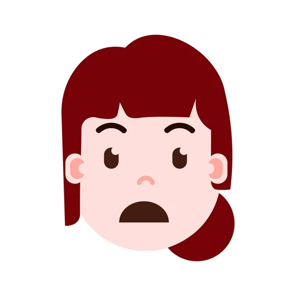 Fille émoji tête avec des émotions faciales, personnage avatar, femme visage affligé avec différents concepts d'émotions féminines. design plat . — Image vectorielle